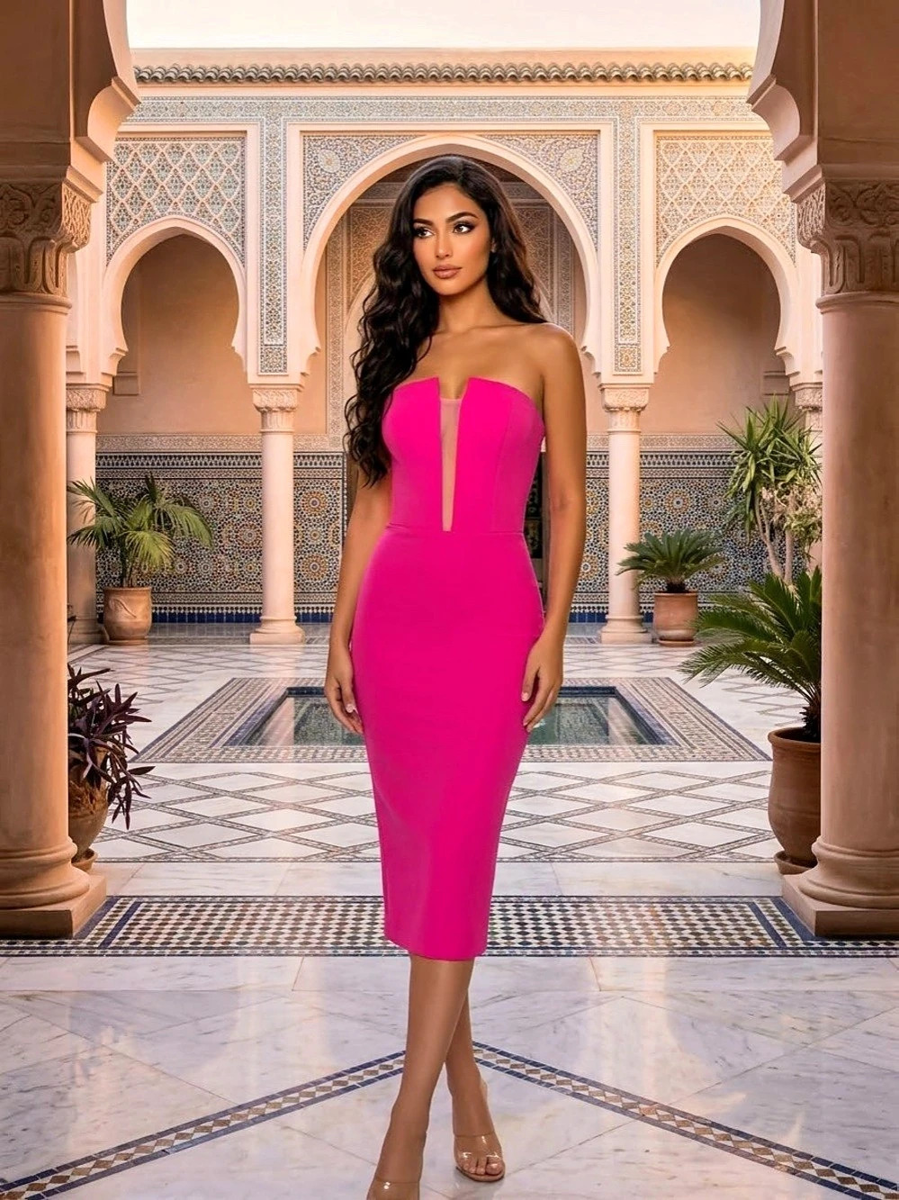 Dress the Population Pink Strapless Erica Midi Dress Size Medium